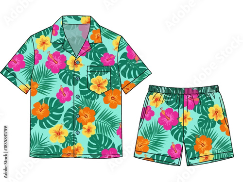 Hawaiian Shirt and Shorts Set Tropical Floral Print.