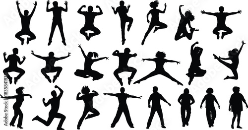 Black Silhouettes of Happy People Jumping, Leaping, Running, and Standing in Dynamic Poses Vector Collection for Celebration and Joy.