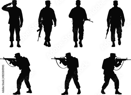 Black Silhouettes of Military Soldiers, Army Personnel, and Armed Forces Figures Walking, Saluting, and Aiming Rifles Vector Set.
