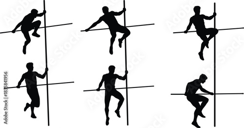 Black Silhouettes of Men Climbing Poles, Rope Climbing, and Pole Acrobatics Vector Collection for Circus, Sport, and Strength Training.