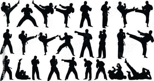 Black Silhouettes of People Practicing Diverse Martial Arts, Karate, and Taekwondo Kicks, Punches, and Grappling Stances Vector Collection.