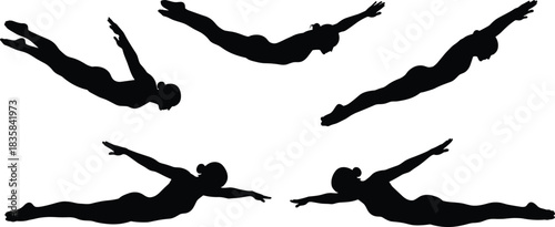 Black Silhouettes of Swimmers and Divers in Dynamic Positions, Including Diving, Gliding, and Swimming Moves Vector Set.
