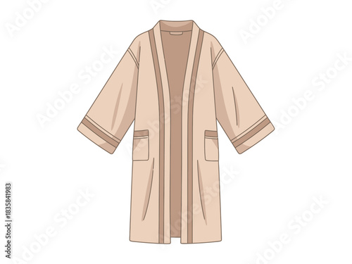 Fashion illustration of a beige kimono robe with striped trim and pockets.
