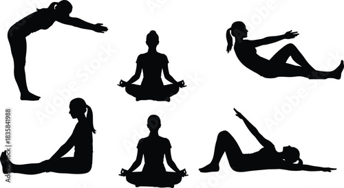Black Silhouettes of Women Practicing Yoga, Meditation, and Pilates Exercises, Including Stretching and Sit-ups, Vector Set.