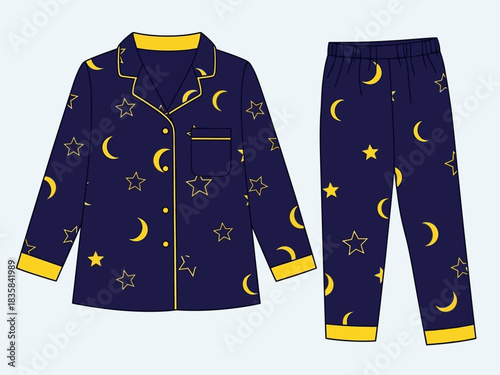 Childrens Pajamas with Moon and Star Pattern.