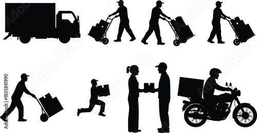 Courier, Warehouse, and Logistics Staff Pushing Trolleys and Riding Motorcycle Collection