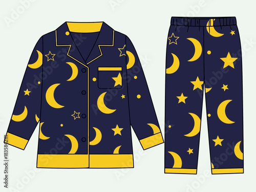 Navy blue pajama set with moon and star pattern for comfortable sleep.