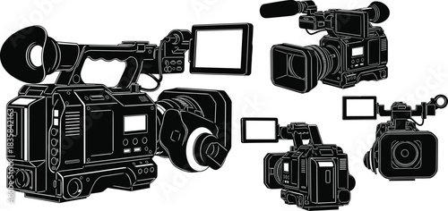 Professional Video Camera Silhouettes Set Vector Illustration of Cinema and Broadcast Equipment