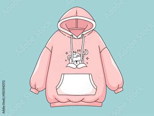 Cute pink oversized hoodie with a cartoon animal graphic.
