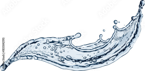 Realistic blue water splash wave with droplets and bubbles vector illustration isolated on white background for fresh liquid design.