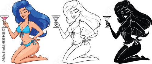 Set of Beautiful Woman in Bikini Holding Cocktail Glass in Color Outline and Silhouette Styles Vector Illustration