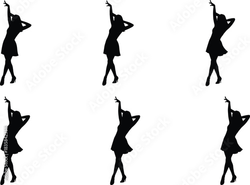 Set of Black Silhouettes of Fashion Woman Dancing in Short Dress Isolated on White Background Vector Illustration