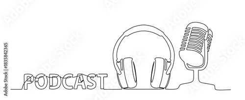 continuous single line drawing of handwritten word PODCAST and microphone and headphones  podcasting concept line art vector illustration