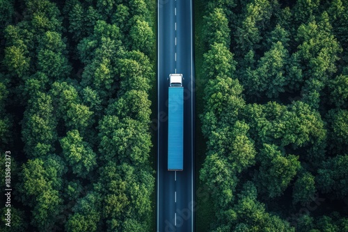 Wallpaper Mural Aerial view of a long white truck with blue trailer driving on a two-lane road surrounded by dense green forest Torontodigital.ca