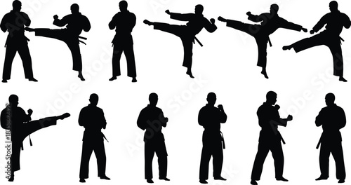 Set of black silhouettes of male karate fighters in kimono uniforms performing high kicks and combat stances.