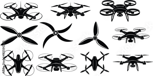 Set of Drone and Propeller Silhouettes Vector Illustration Featuring Quadcopter Camera Icons in Black and White Style