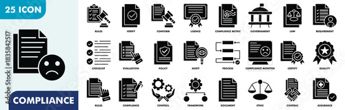 Compliance Icon Set Collection. Consist Of Rules, Verify, Conform, License, Compliance Metric, Government, Law, Requirement, Checklist, Evaluation. Simple Glyph Vector Illustration
