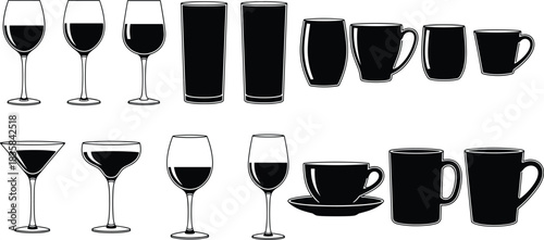 Set of Drinking Glass Vector Illustrations Featuring Wine Beer Cocktail and Coffee Mugs in Black and White Silhouette Style