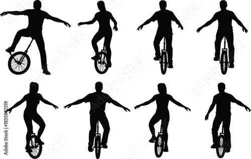 Set of eight black vector silhouettes of men and women riding unicycles balancing isolated on white background.