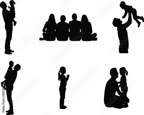 Set of Family and Fatherhood Silhouettes Vector Illustration Featuring Dad Holding Child and Group Sitting in Black and White Style
