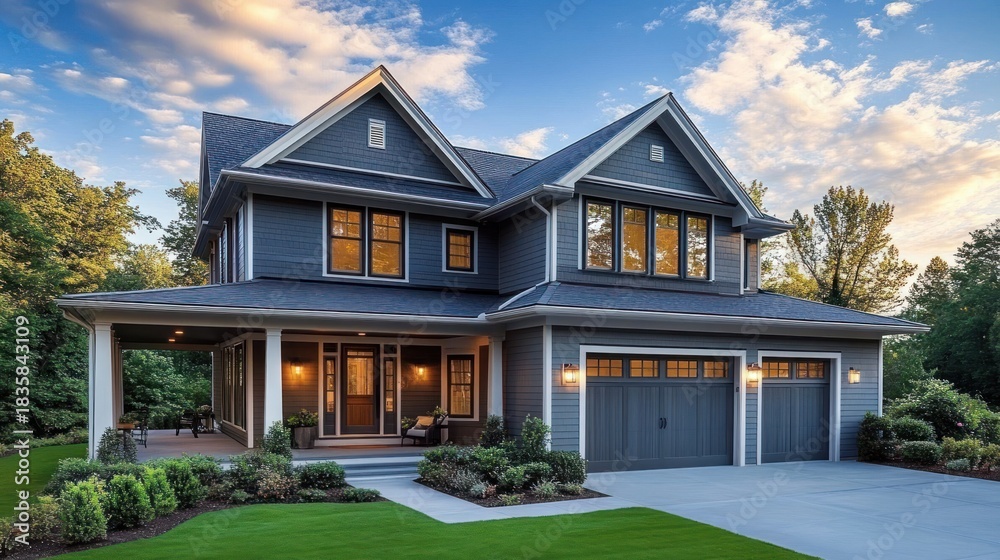 Obraz premium Large two-story modern suburban house with blue siding, multiple windows, front porch, double garage, landscaped garden, and evening sky