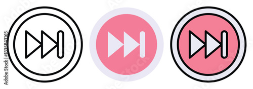 Skip Next Media Button Vector Icon Set in Outline, Colour And Flat Style