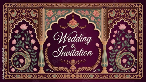 Traditional Mughal wedding invitation card design. Traditional Mughal garden arch, plant, peacock, illustration frame for Invitation.