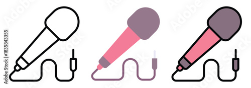 Microphone Recording Vector Icon Set in Outline, Colour And Flat Style