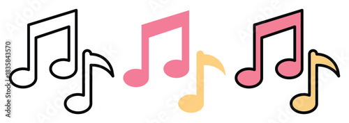 Music Note Vector Icon Set in Outline, Colour And Flat Style