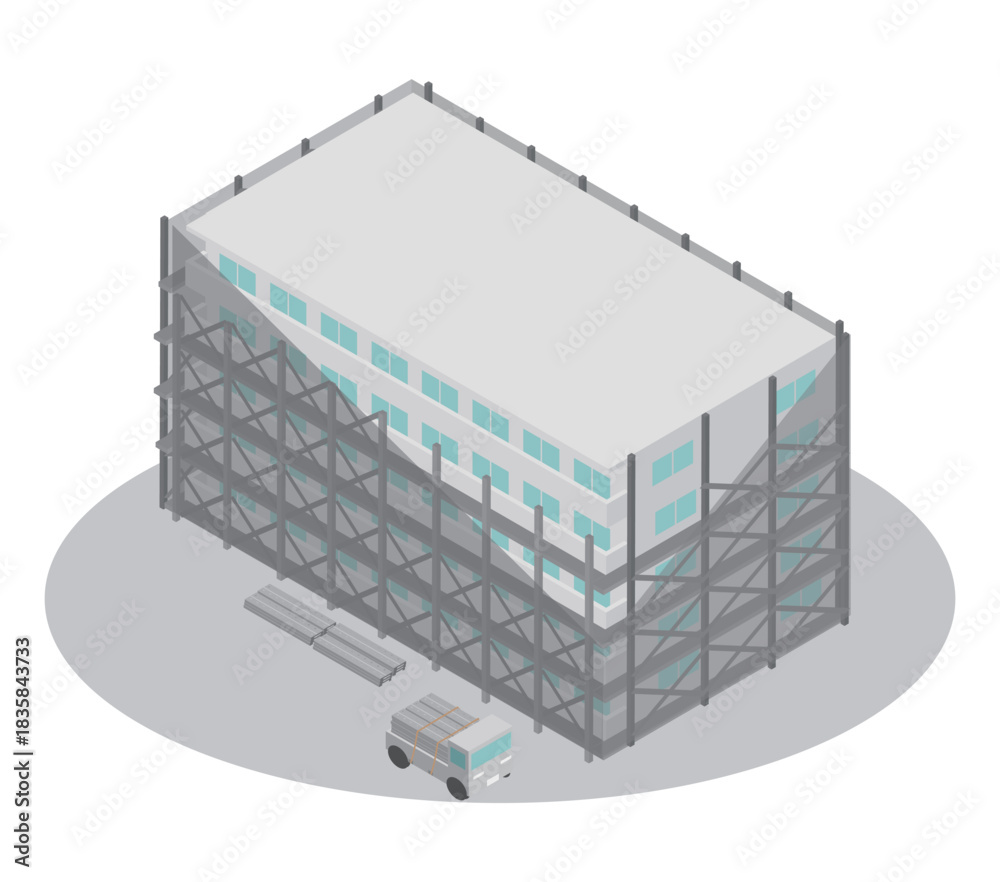 Fototapeta premium アイソメトリックなマンションの大規模修繕の足場の解体・組立をイメージしたイラスト素材