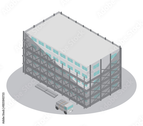 アイソメトリックなマンションの大規模修繕の足場の解体・組立をイメージしたイラスト素材