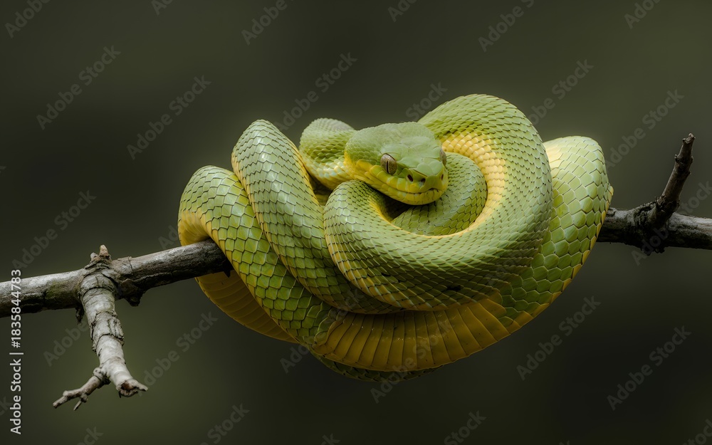 Obraz premium Green viper coiled on a branch, a venomous snake in its natural habitat