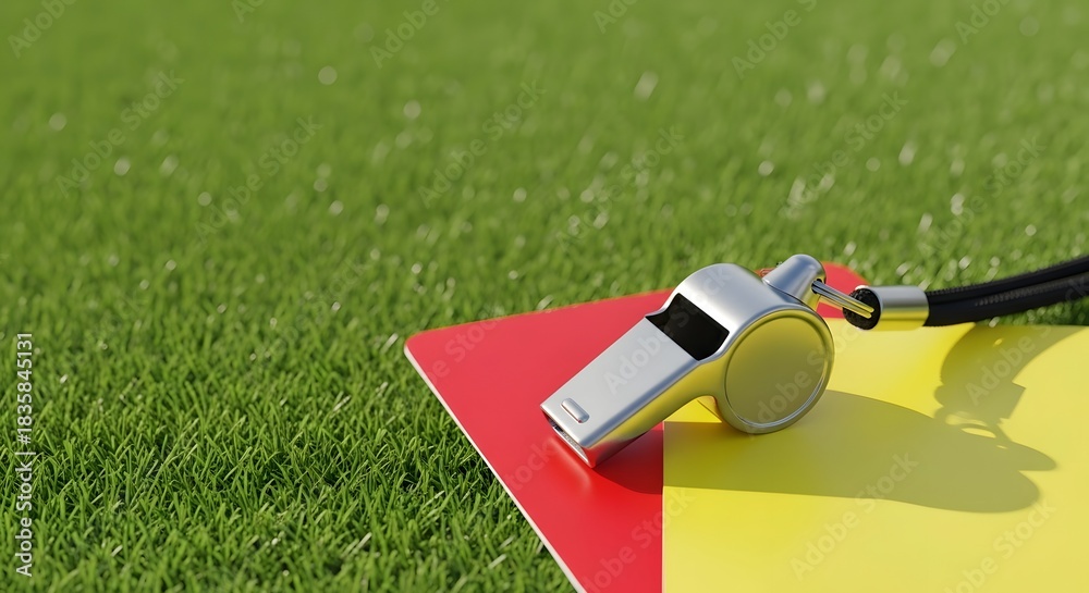 Naklejka premium Referee's whistle and red, yellow cards signifying soccer game rules concept on green field grass in bright daylight