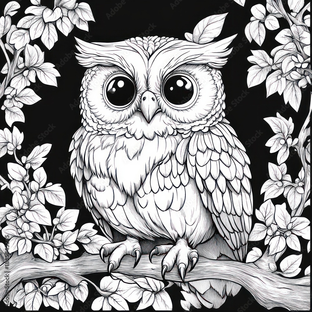 Fototapeta premium Detailed black and white drawing of a wide-eyed owl perched on a branch surrounded by blooming leafy branches, evoking a sense of curiosity and calm