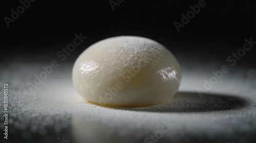 Mochi Dough Ball with Flour Dusting in Dark Studio Setting.