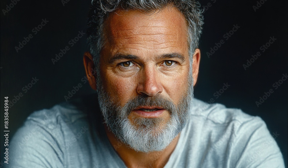 Obraz premium Close-up portrait of a mature man with curly gray hair and beard wearing a light-colored shirt against dark background, expressing calm and confidence