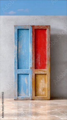 Colorful Wooden Door Panels Against Concrete Wall