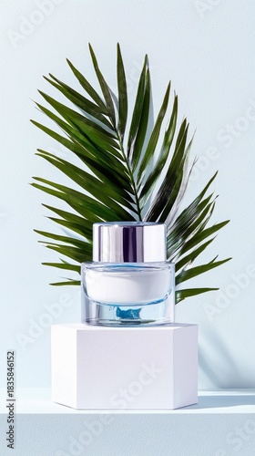 Cosmetic Cream Jar on Pedestal with Palm Leaf