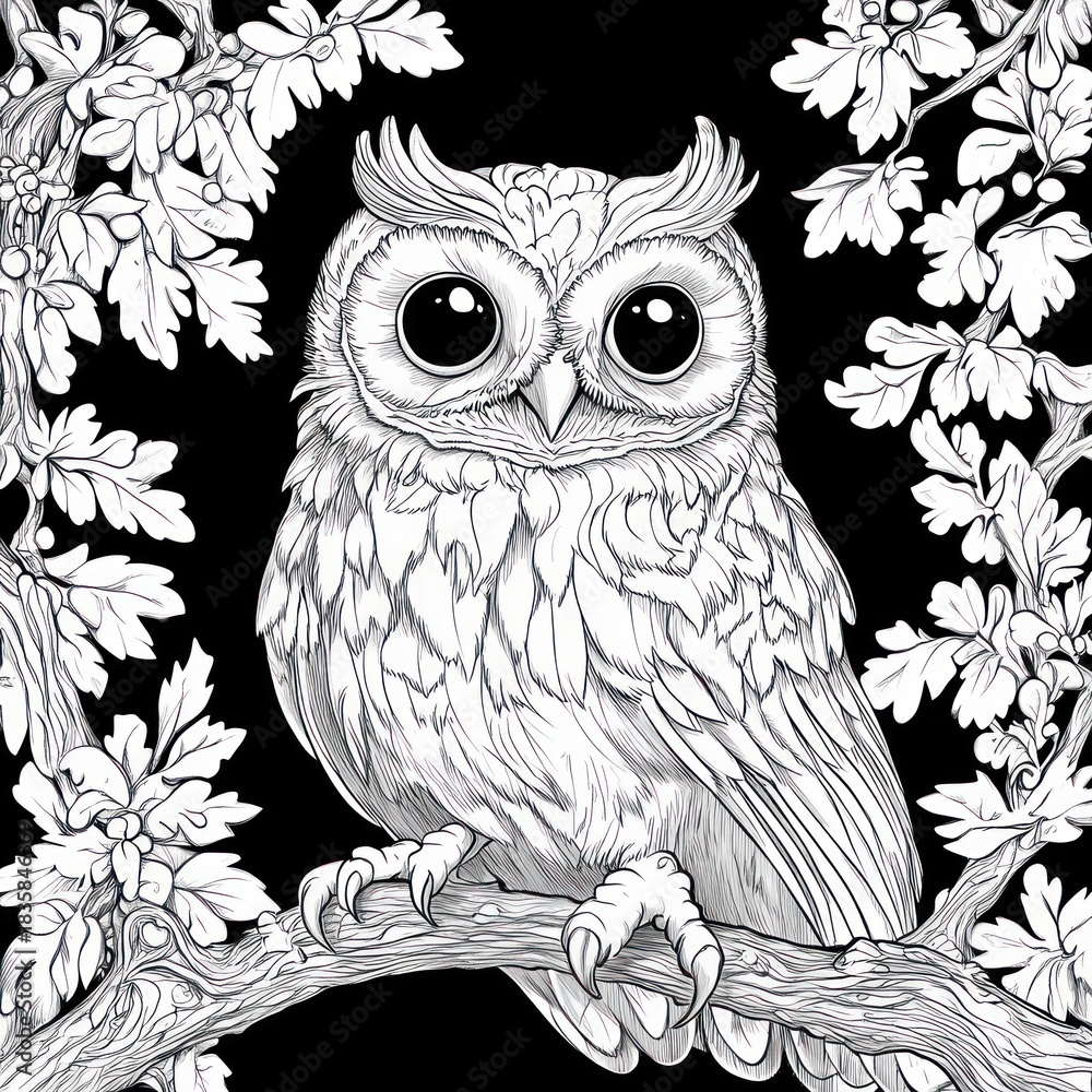 Fototapeta premium Detailed black and white illustration of a wide-eyed owl perched on a tree branch surrounded by leafy foliage, evoking a calm and watchful mood