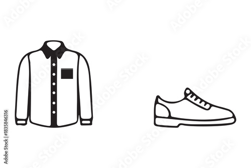 Simple outline drawing of a collared shirt and a sneaker shoe isolated on white background