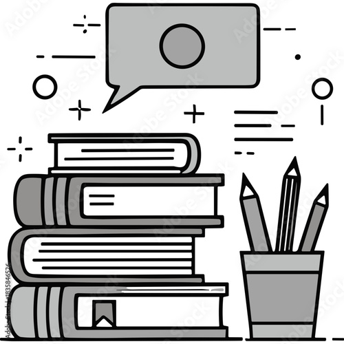 Stack of Books With Pencils in a Cup and a Speech Bubble Above With a Circle Inside Against a Dark Background With Light Accents Representing Education and Learning Concepts