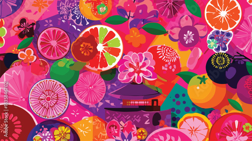 A vibrant vector illustration showcasing an eclectic mix of colorful citrus slices, exotic fruits, and floral patterns on a lively abstract backdrop.