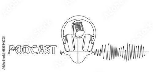 continuous single line drawing of handwritten word PODCAST and microphone and headphones  podcasting concept line art vector illustration