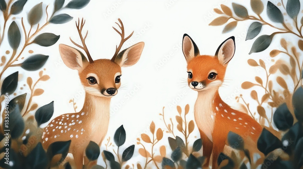 Fototapeta premium illustration of two young deer surrounded by soft foliage with gentle expressions and warm earthy tones