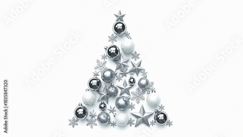 Silver christmas tree made of ornaments stars and snowflakes on a white background top down view