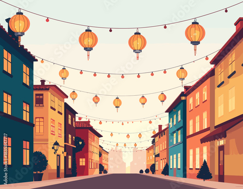 Vibrant Street Scene Decorated with Traditional Chinese Lanterns for Festive Celebration or Chinatown Atmosphere. Generated image