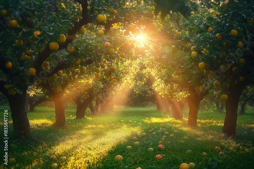 Sunlight streaming through rows of apple trees laden with ripe fruit in a peaceful orchard with fallen apples on lush green grass
