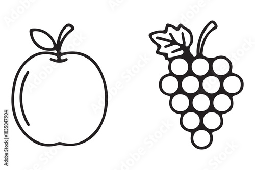Simple line art illustration of an apple and a bunch of grapes isolated on white background