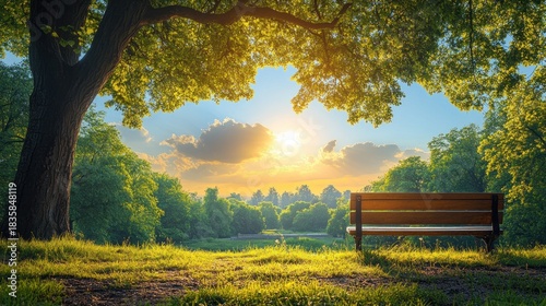 A Serene Sunrise in the Park, A Peaceful Bench Under a Green Canopy