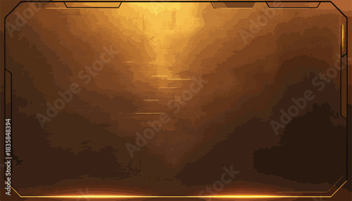 Futuristic vector frame encloses a glowing golden canyon landscape with ethereal light, perfect for digital backgrounds and sci-fi themes.